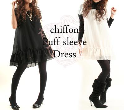 シフォンパフ袖ワンピース